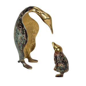 Penguin Figurine Set of 2 Gold Cast Aluminum 10 Inch Tabletop Sculptures